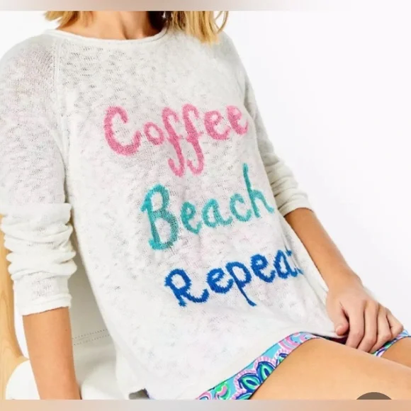Lilly Pulitzer White Sweater with Colorful Text  COFFEE BEACH REPEAT/ Size L - Picture 2 of 10